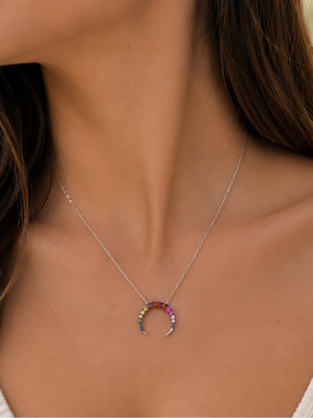 925 Silver Crescent Moon Necklace with Multicolor Stones